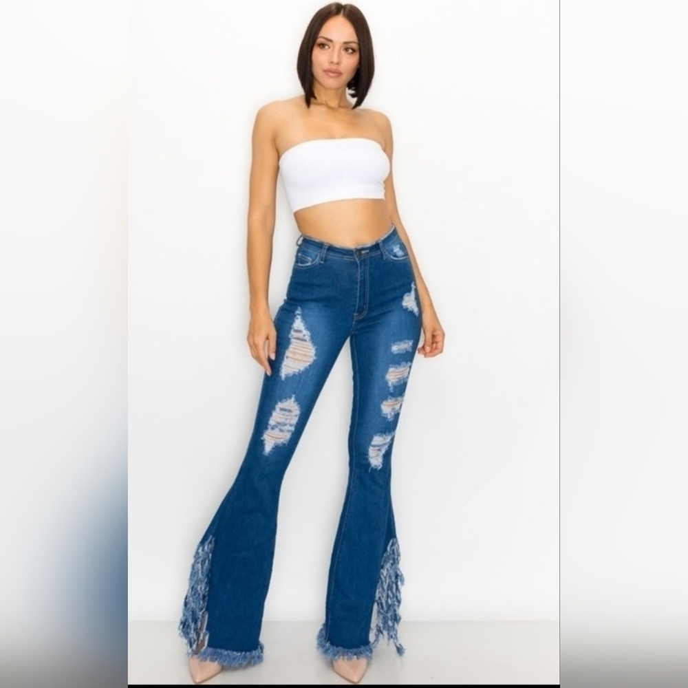 Denim Distressed Bell Bottom Jeans